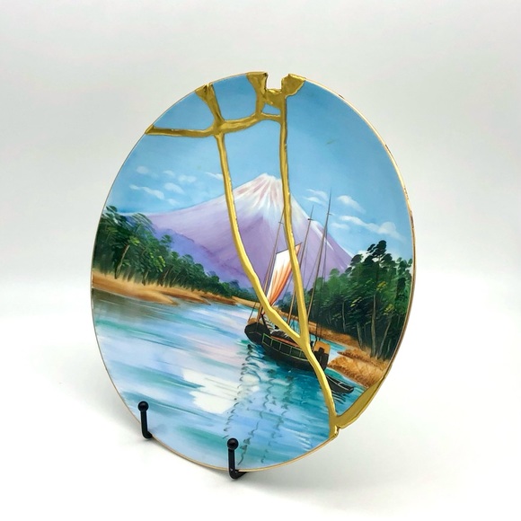 Kintsugi Plate Japanese Hand Painted Landscape Sailboat Gold Crack Growth Gift - Picture 9 of 12